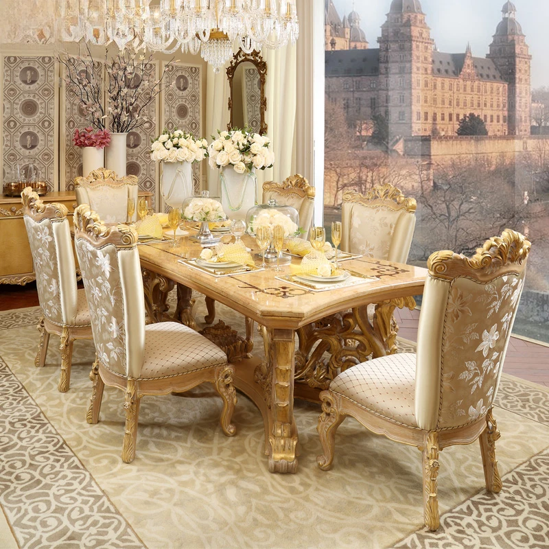 !@Luxury Golden Wood Furniture Dining Sets Marble Top Solid Wooden Table and Chair French Style Dining Tables