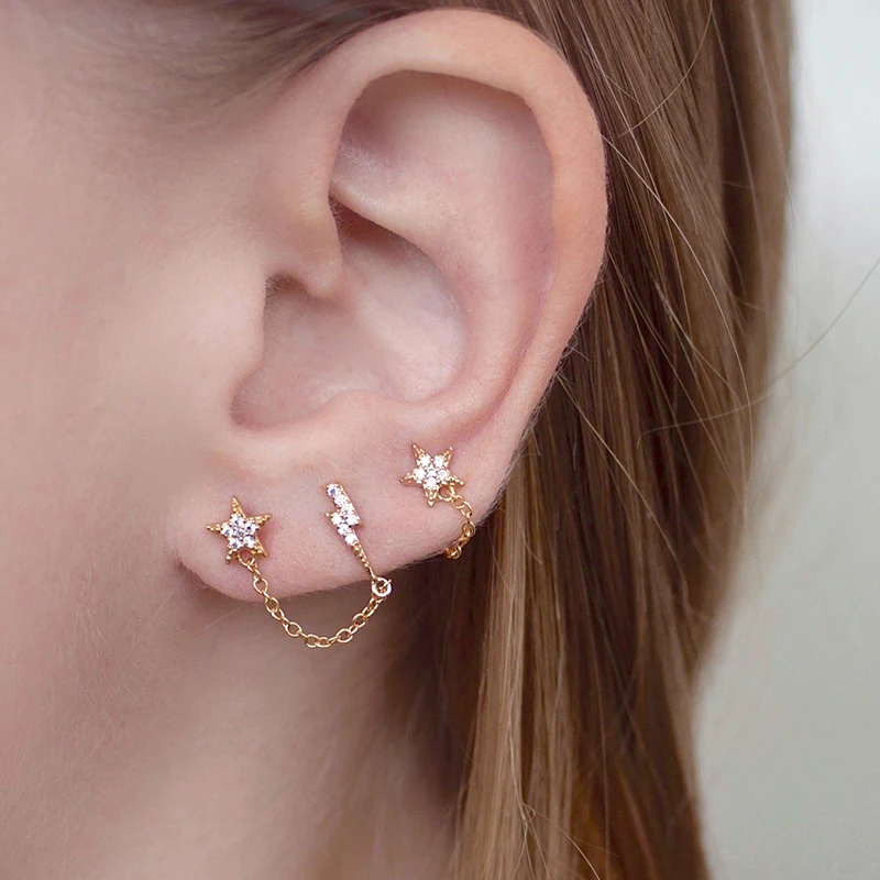1pc 925 Sterling Silver Needle Hoop Earrings Double Circle Cubic Zirconia Tassel Chain Cartilage Earring Piercing Luxury Jewelry