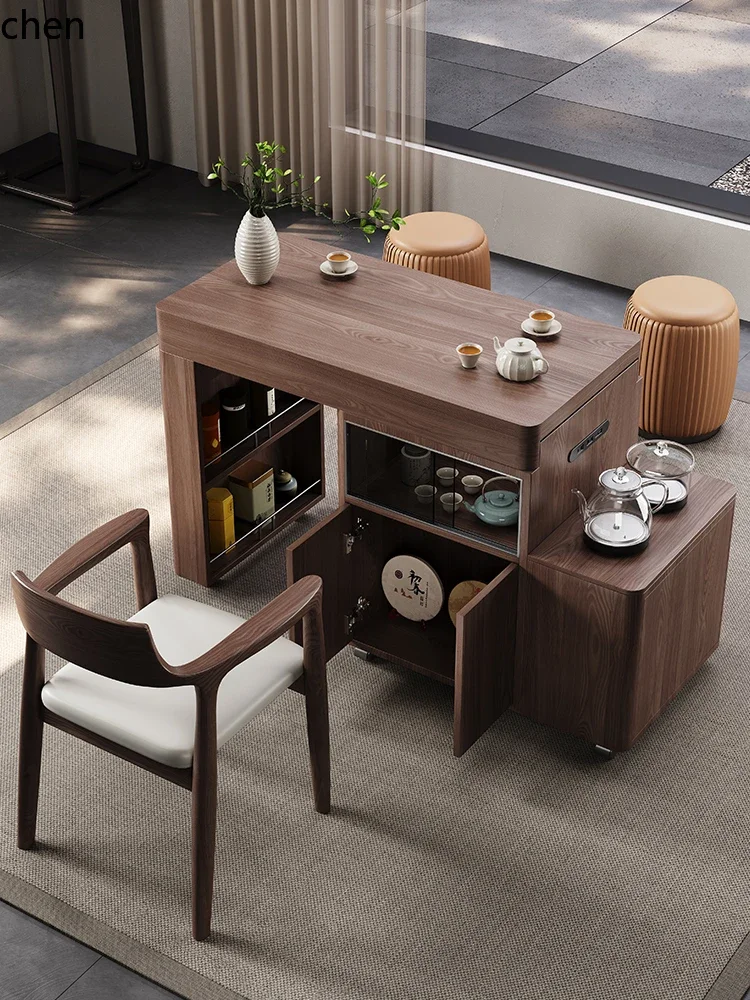 

balcony household tea table solid wood mobile tea table rotatable retractable tea cart