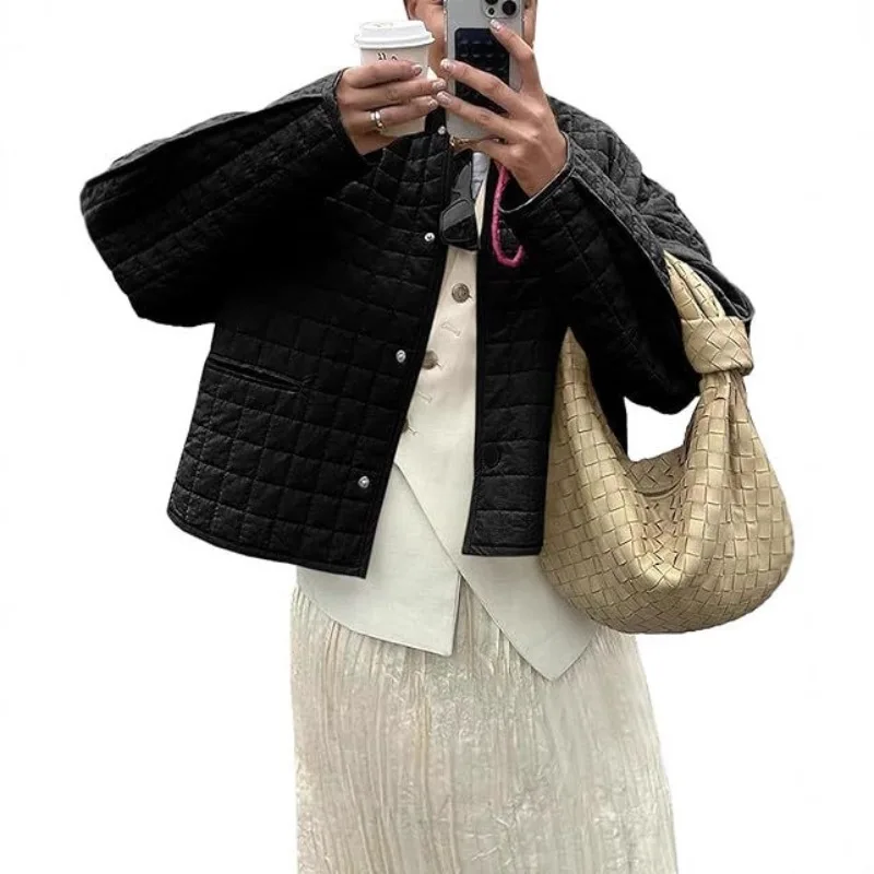 Autumn and Winter Harajuku Monochrome Plaid Quilted Coat Round Neck Pocket Cotton-padded Jacket