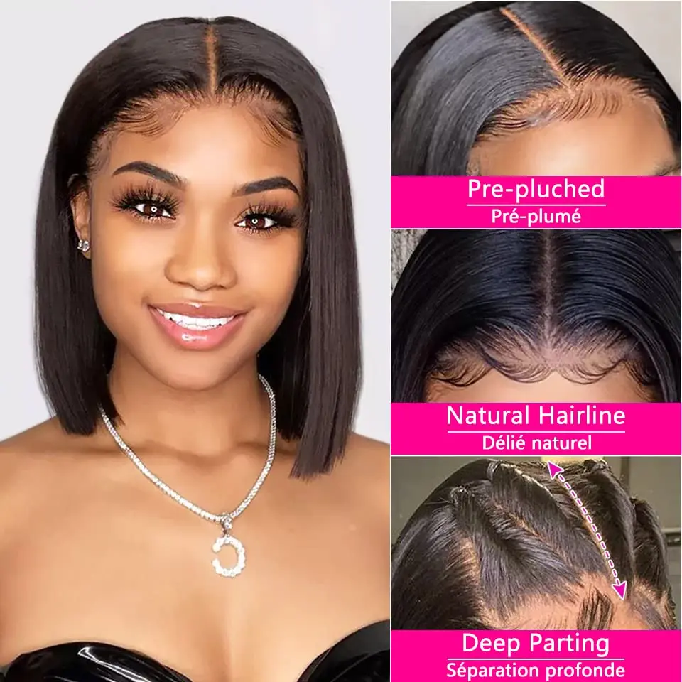 Yyong 250% Brazilian Straight Short Bob Wig Lace Frontal Wigs For Women Pre Plucked Transparent Lace Front Remy Human Hair Wigs