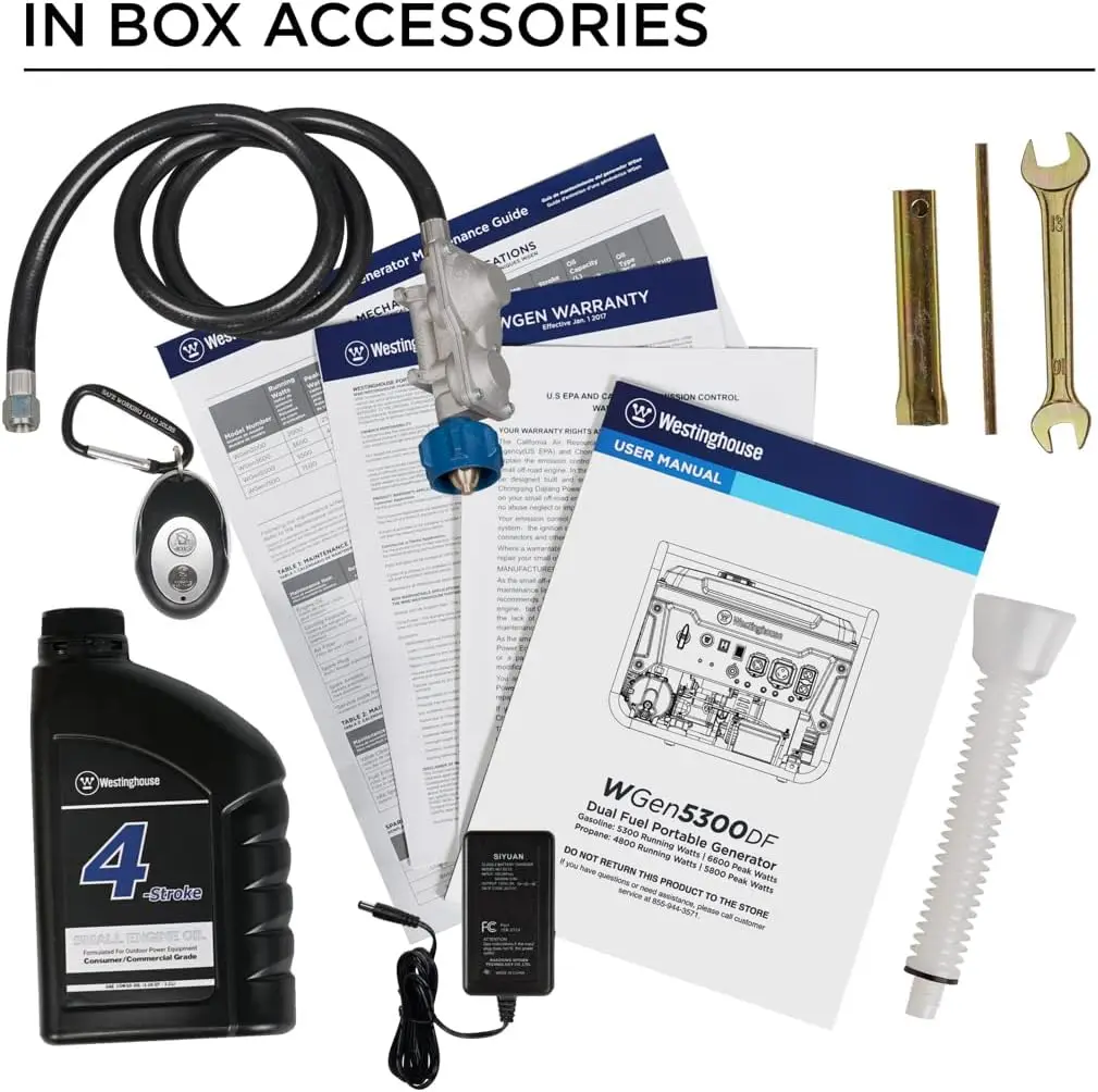 WGen5300DF Dual Fuel Home เครื่องกําเนิดไฟฟ้าสํารองแบบพกพา, 6600 วัตต์, สตาร์ทไฟฟ้าระยะไกลพร้อมโช้คอัตโนมัติ, สวิตช์ถ่ายโอนพร้อม
