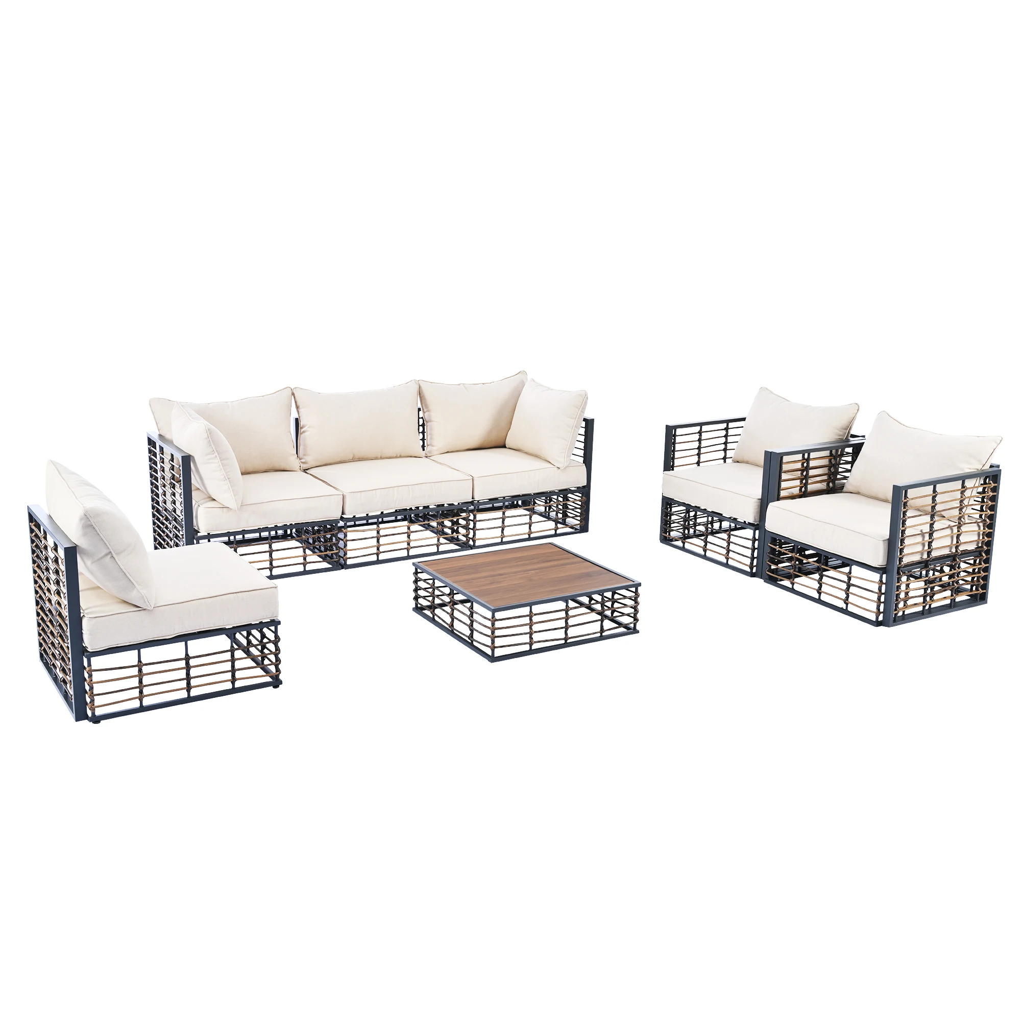 

Modern Minimalist 7-Piece Metal Patio Sofa Set All-Weather Gray Garden Furniture Thick Cushions Coffee Table for Indoor Outdoor