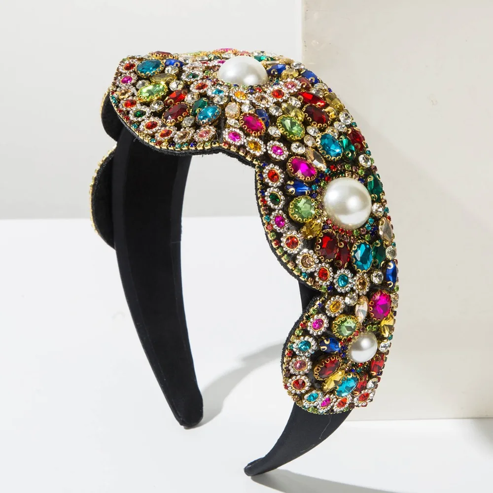 

Преувеличенные повязки на голову со стразами, широкая повязка на голову с бриллиантами и жемчужной короной, супер вспышка, красочная повязка для волос, обруч, аксессуар для волос