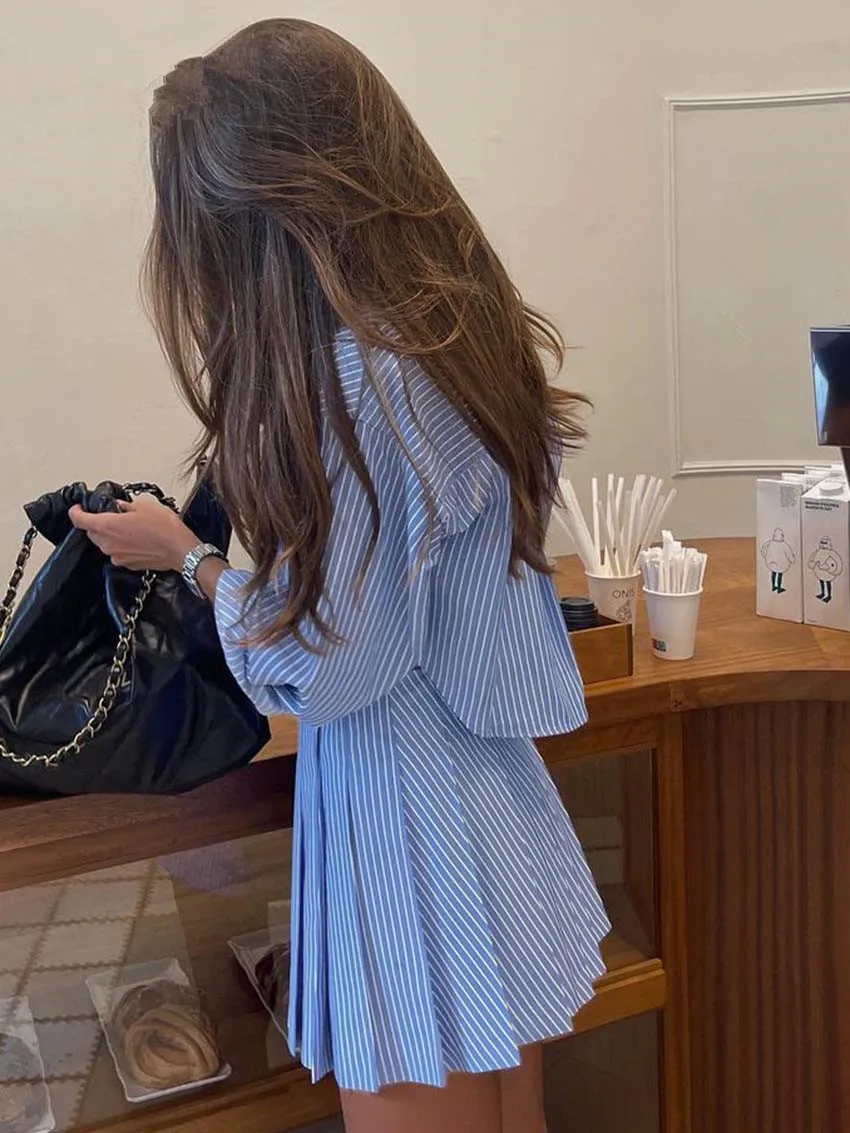 Elegant Blue Striped Print Skirt Suits For Women Fashion Long Sleeve Button Crop Tops And High Waist Pleated Skirts 2 Pieces Set