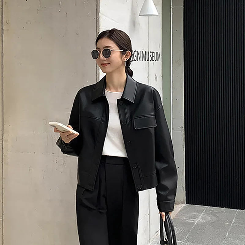 

Black Leather Jacket for Women 2025 New Spring and Autumn Short Style High end Retro Collar Motorcycle Leather Jacket