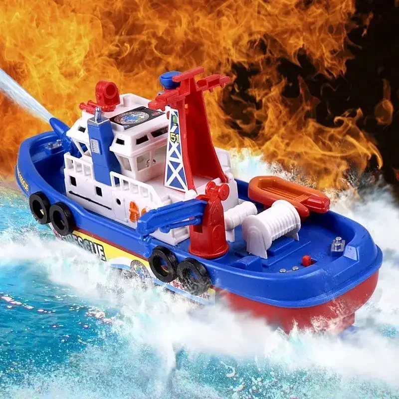 Barco de combate a incêndio de resgate marinho elétrico modelo barco de fogo com luz led música pulverização de água piscina brinquedos de banho para crianças