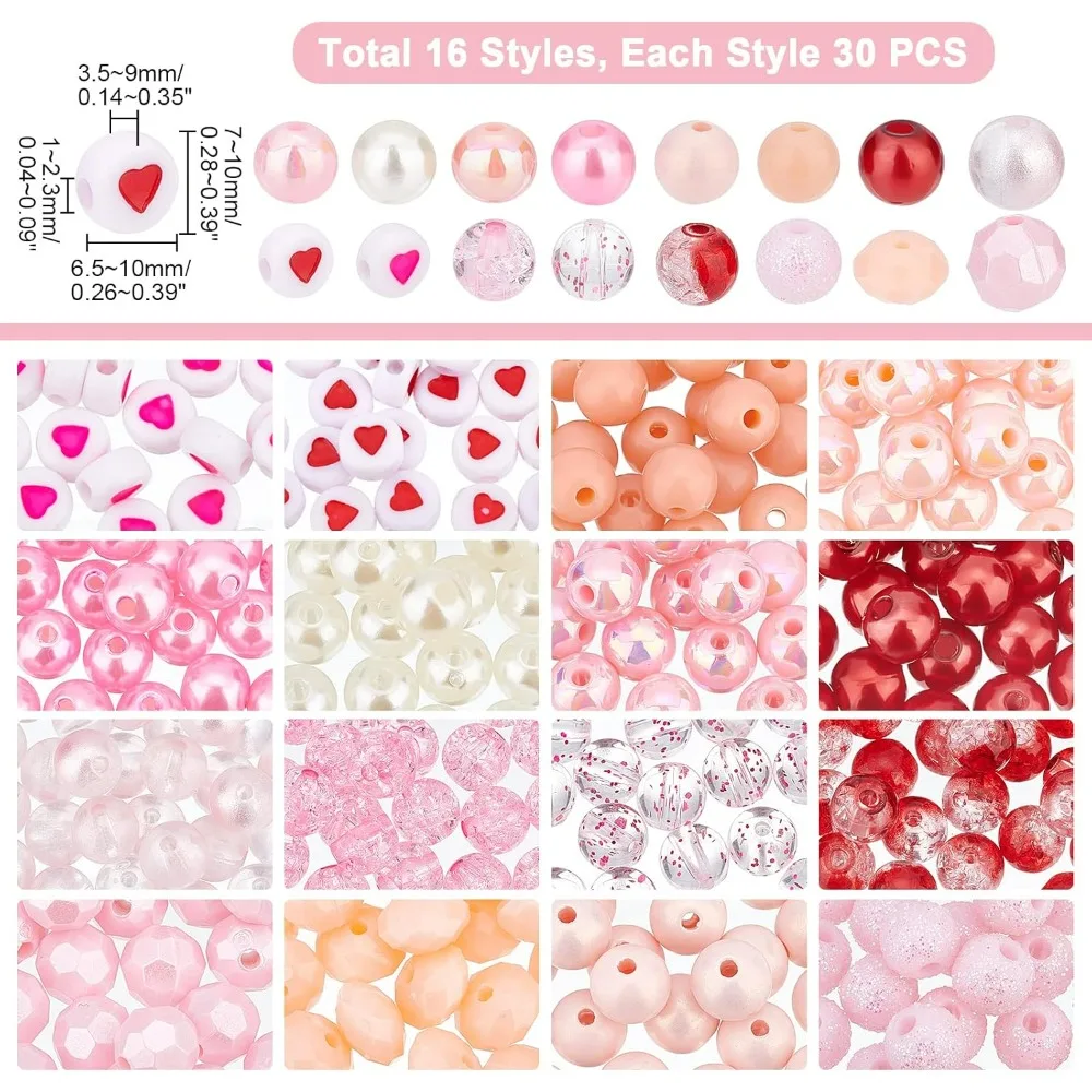 480pcs Pink Acrylic Beads 16 Style Valentine Bead 6/8/10mm Transparent Crackle Bead Round Loose Beads Spacers Heart