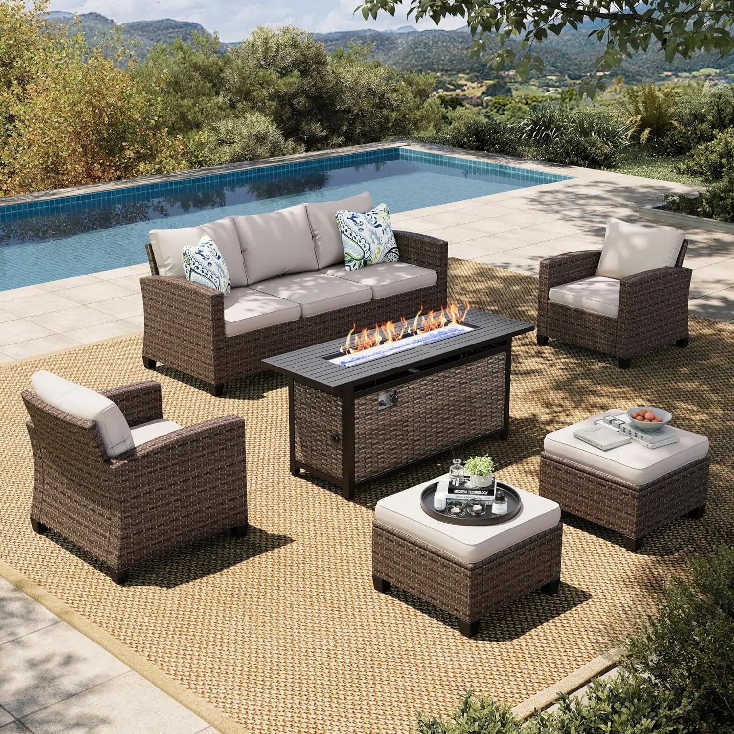 

Patio Furniture Set With 56" Fire Pit Table, Outdoor Patio Conversation Sets, 6 Pieces 7 Seats Wicker Outside, Customized