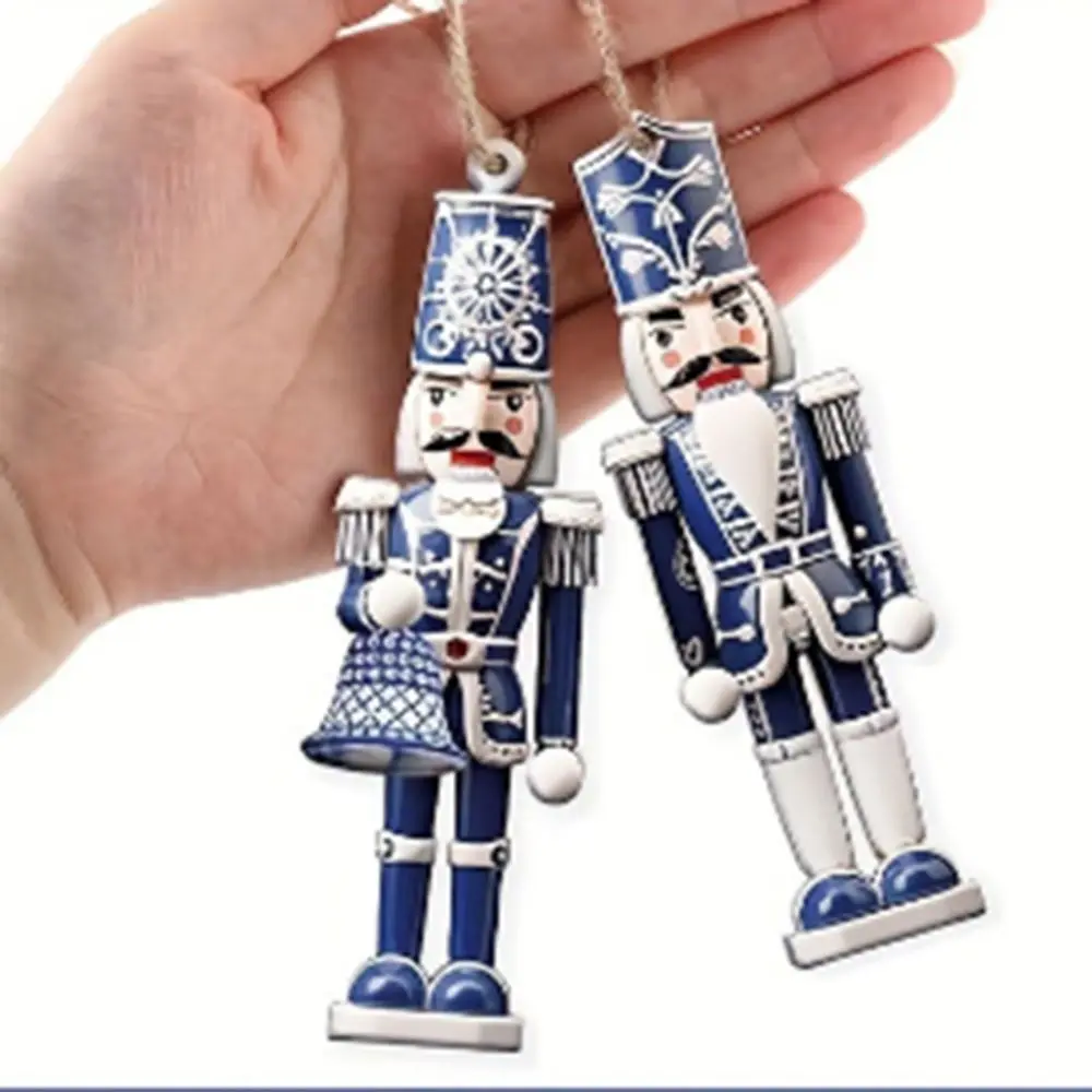 Wooden Nutcracker Soldier Pendant, Blue and White Porcelain Design with Rope, Xmas Tree Hanging Ornament, Retro