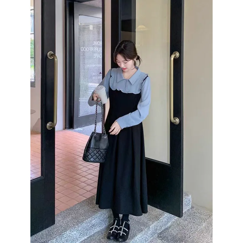 Large French Fake Two Piece Splicing Shirt Style Dresses Women's Spring Autumn New Collection Waist Show Thin Mid Length Dress