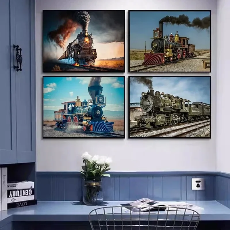 الرجعية السكك الحديدية قطار البخار قاطرة المشهد الفن Vintage السكك الحديدية المشارك حائط لوح رسم يطبع صورة غرفة ديكور المنزل #1