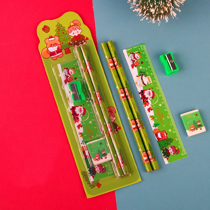 5pcs/Set Christmas Kids Stationery Set Children Pencil Ruler Eraser Sharpener Set School Supplies Gifts Kindergarten Prizes