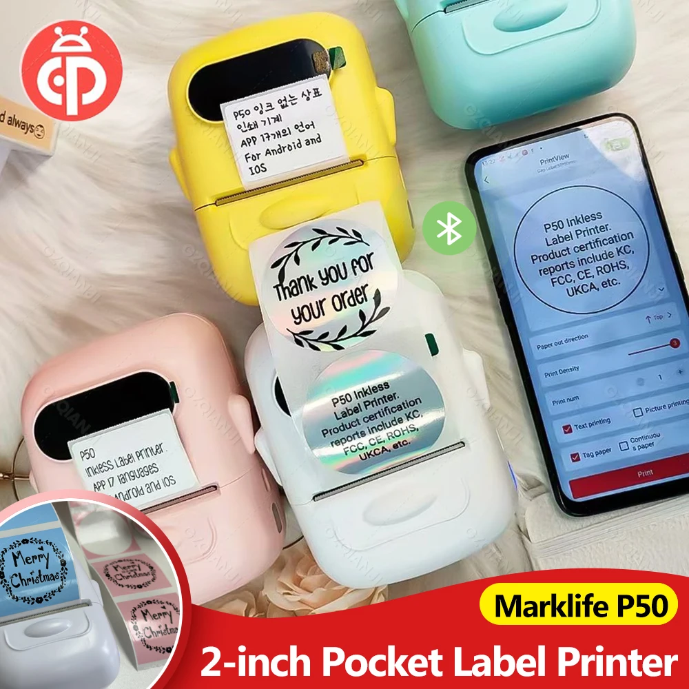 

Портативный термопринтер Marklife P50, например B1 B21, устройство для изготовления этикеток, Bluetooth, самоклеящаяся наклейка, ценник для этикеток для iOS/Android