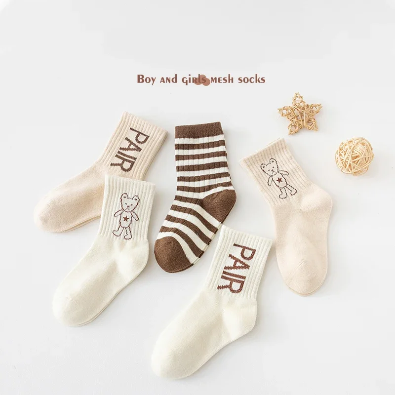 

Cartoon Bear Kids Boys Girls Mesh Socks Summer Anti-pilling Sports Stockings Letter Striped Cotton Half Socks for Children Baby
