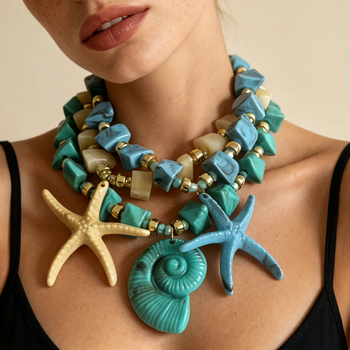 Statement Boho Beads Necklace Conch&Starfish Design Handmade for Women Wedding Party Jewelry