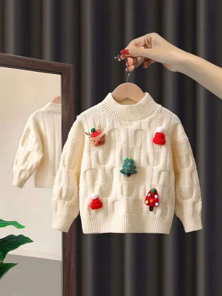 Girls\' Sweater Autumn/Winter 2024 New Latest Children\'s Winter Clothing Baby Red Christmas Knitted Top Bottom Shirt