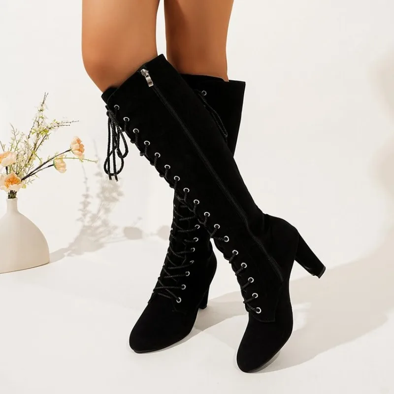 Women's Knee-High Boots Round Toe High Block Heel Suede-Look Lace-Up Front Side Zipper Metal Eyelets Outdoor Walking Footwear