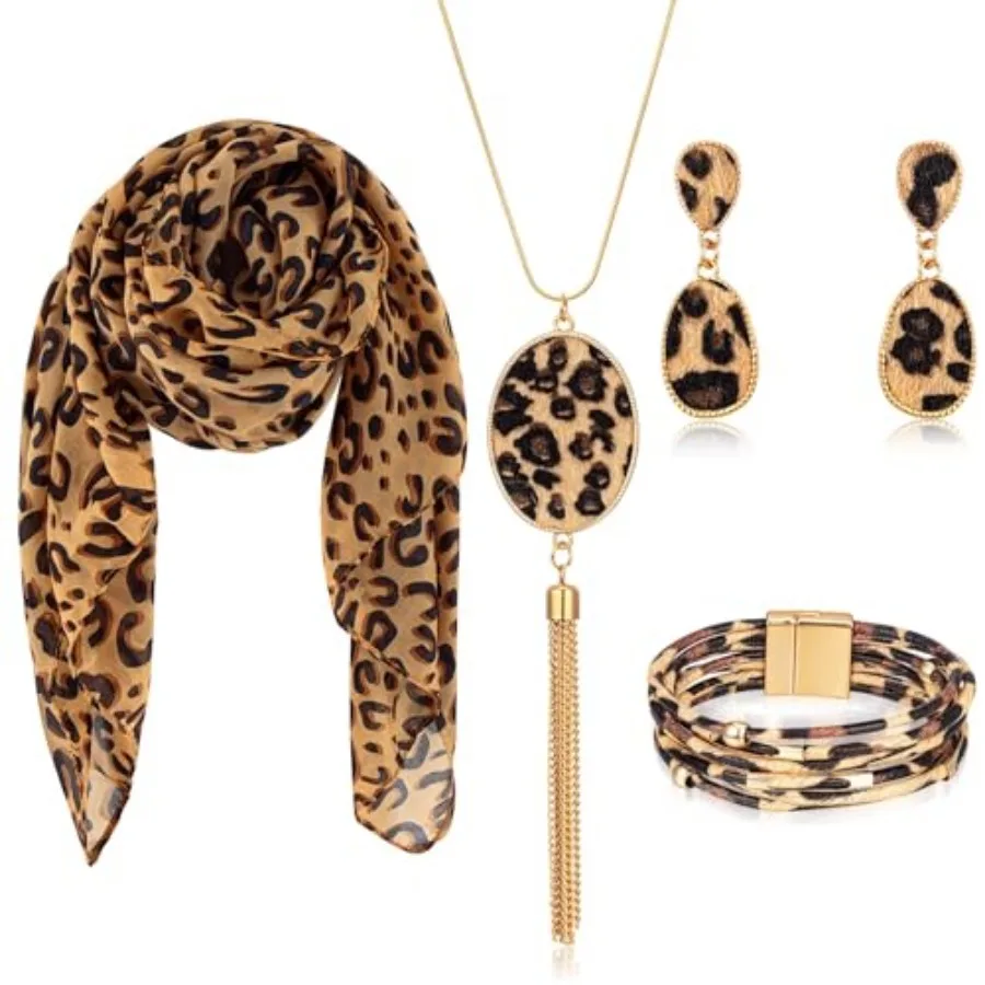 

Landical 4 Pcs Leopard Scarf and Jewelry Gift Set for Women - Necklace, Earrings and Bracelet, Birthday Party Print Accessories