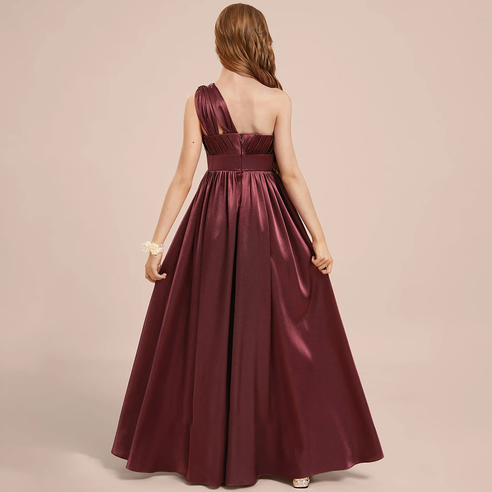 YZYmanualroomA-line One Shoulder Floor-Length Stretch Satin Junior Bridesmaid Dress