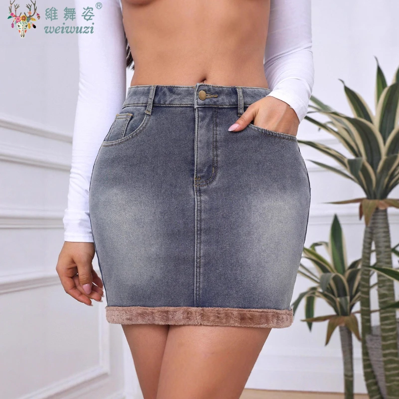 

Женская джинсовая юбка в американском стиле ретро Y2k Sweet Slim Waist Bodycon Jean Юбки Бархатный внутренний слой Теплая осень Новый синий Faldas Mujer