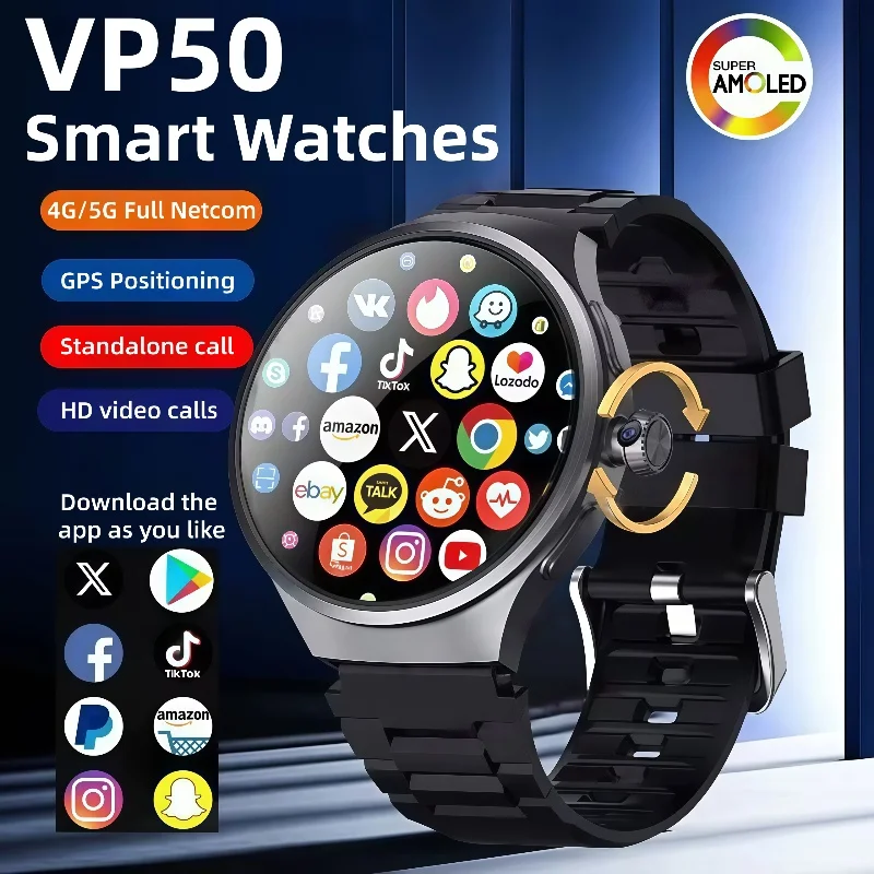 VP50 Smartwatch Amoled Screen 4GB MP3 MP4 Player Bluetooth Network Sharing APP Store Google Smart AI Watch Men Sportwatch