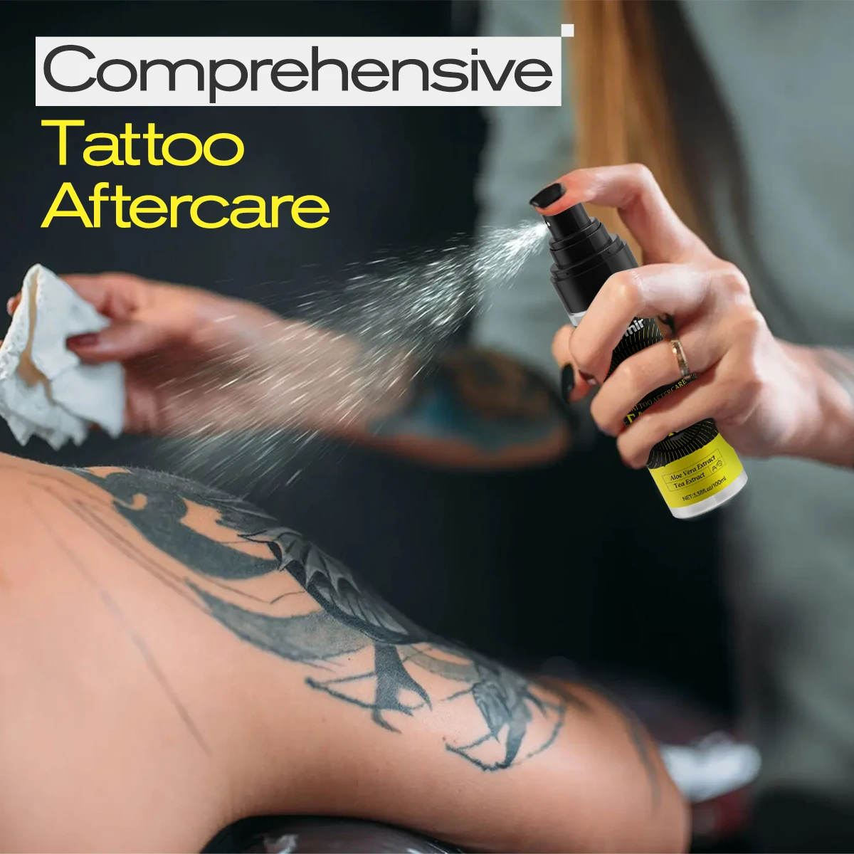 3.38 fl.oz/100 ml Tattoo Spray provides hydration and moisturization, suitable for daily use, and helps maintain tattoo color.