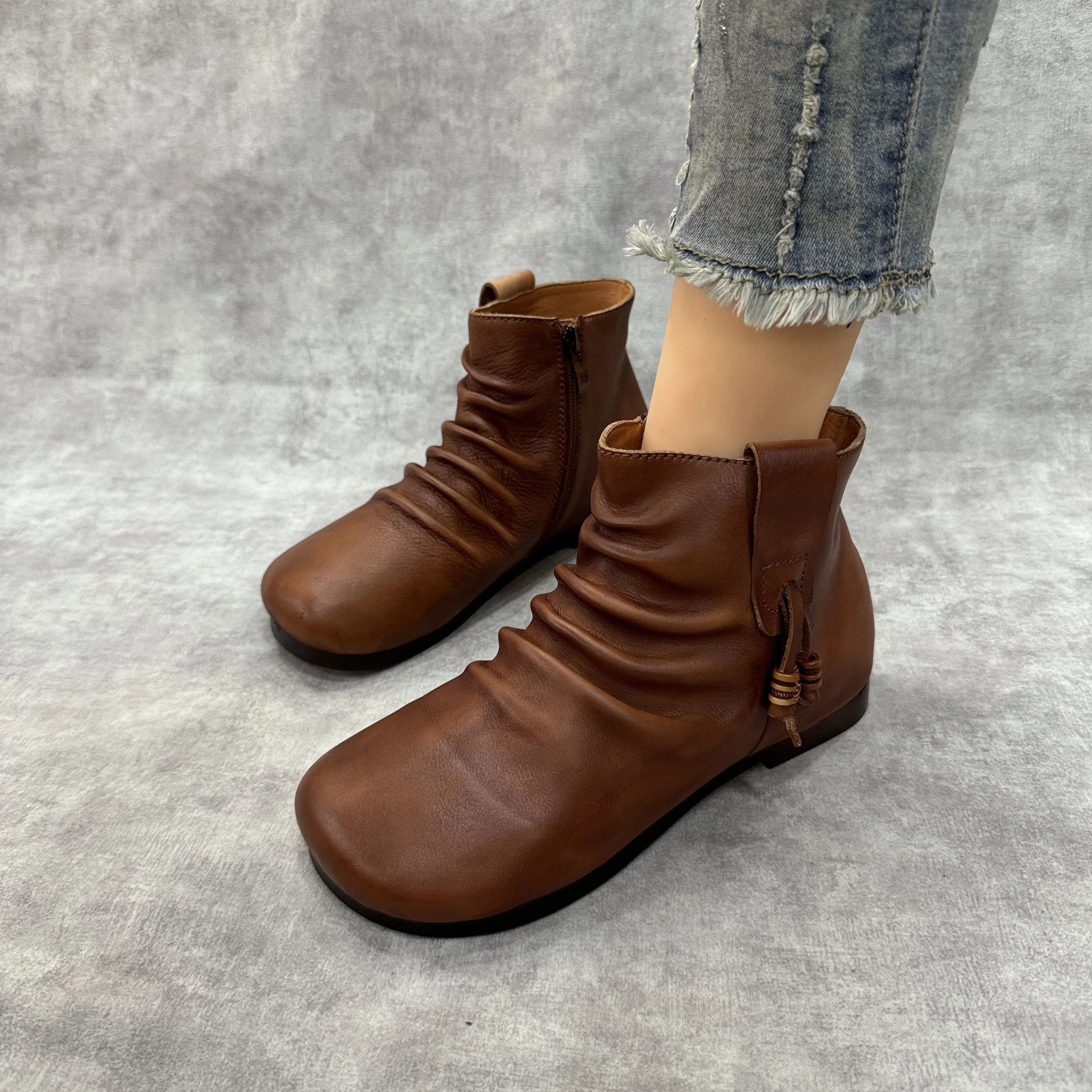 Birkuir ريترو كبير رئيس مطوي حذاء من الجلد للنساء شرابة سحابات كعب منخفض أحذية بوت قصيرة فاخرة جلد طبيعي الديكور الأحذية #1