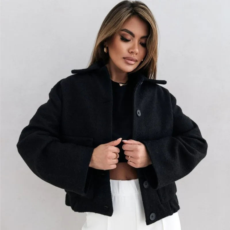 المألوف بلون جيب واحدة الصدر معطف الصوف المرأة الخريف الشتاء نمط جديد عارضة التلبيب سترة بأكمام طويلة