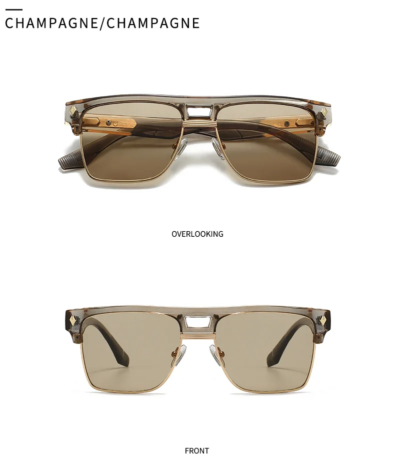SHAUNA Übergroße Halbrahmen-Sonnenbrille mit Doppelbrücke, Retro-Herren-Quadrat-Sonnenbrille, Modische Luxus-Damen-Sonnenbrille mit Nieten, Trendige UV400-Schutzgläser – Detail 14