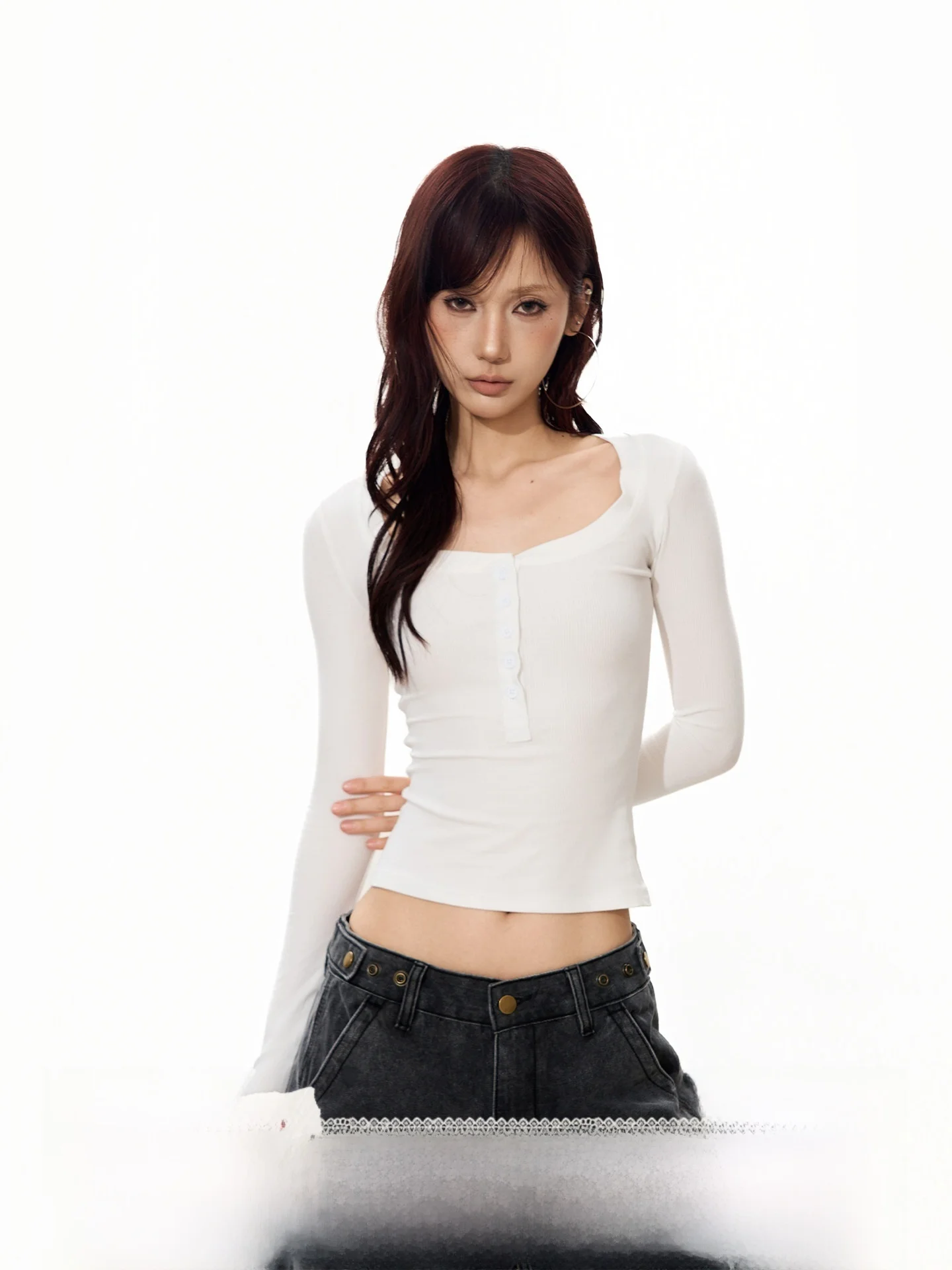 

S3T5 Basic Color Long Sleeve Henry Collar Slim Fit T-Shirt Women's Inner Wear Base Shirt Casual Style Spring Autumn