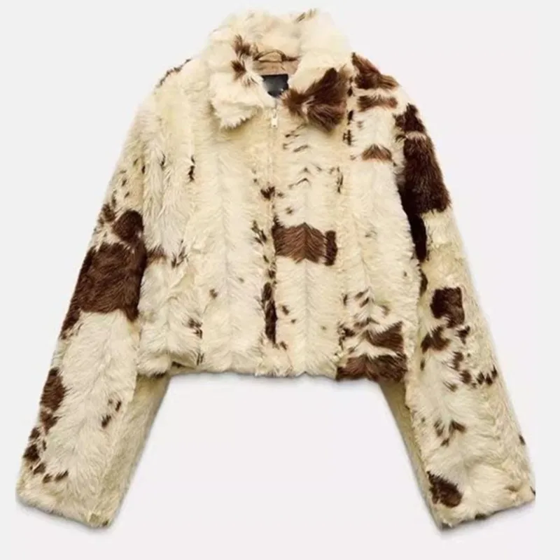 

2025 Fall New Faux Fur Turn-Down Lapel Jackets Coats Winter Thick Fur Fluffy Chic Color Block Short Jackets Tops Outerwear