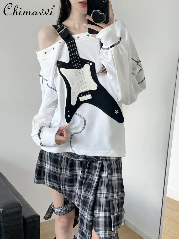 

Spring and Summer New Fashion Student Off-Shoulder Sweatshirts Guitar 3D Plaid Decoration Slimming Long Sleeve Pullover Y2K Top