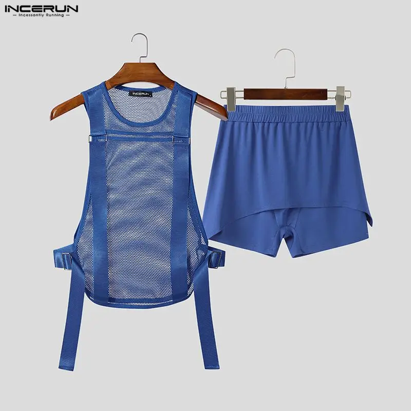 INCERUN Men Sets See Through Mesh Patchwork Tank Tops & Shorts Two Pieces Sets Streetwear Sexy Summer 2026 Casual Men's Suits - view 4