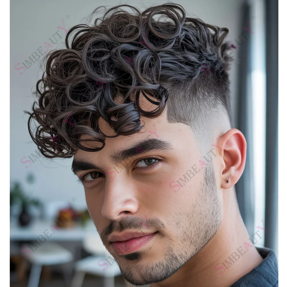 22MM Curly Machine Injected Men's Wig Super Durable Thin Skin Base Human Hair Toupee Replacement System Hair Unit Prosth For Man