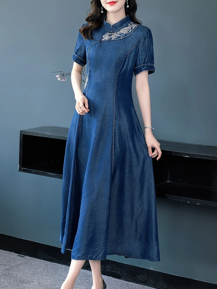 

TIYIHAILEY Free Shipping 2023 New Women Long Mid-Calf Short Sleeve Denim Summer Dresses M-XL Chinese Style Embroidery Cheongsam