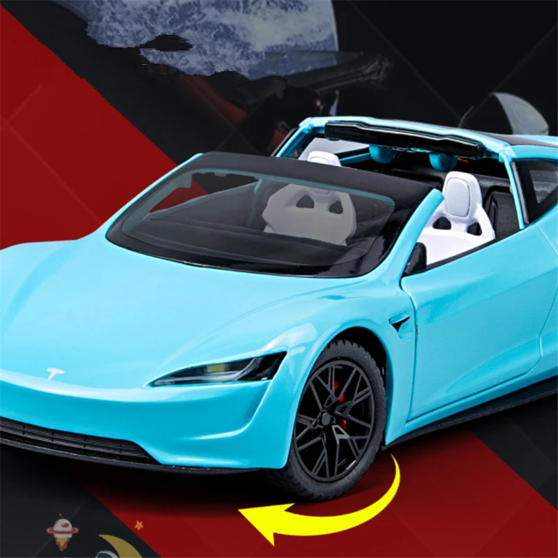 Tesla Roadster Super Car modelo de coche de aleación, volante, luz de sonido, coleccionables, juguete, regalo de cumpleaños, 1:24