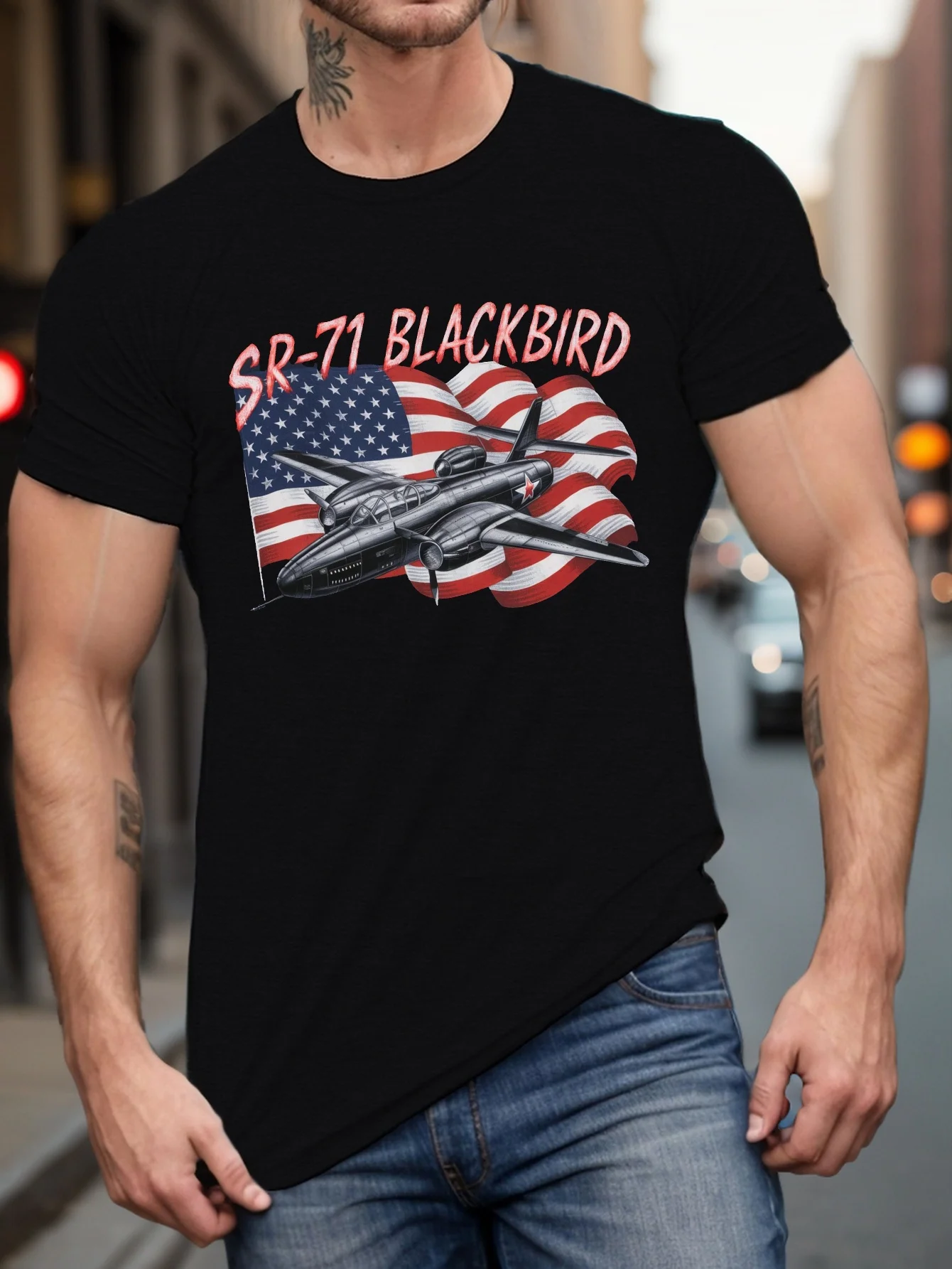 

SR-71 Blackbird Patriotic Graphic - American Flag Design, 100% cotton O-neck short sleeve casual printed pattern T-shirt.