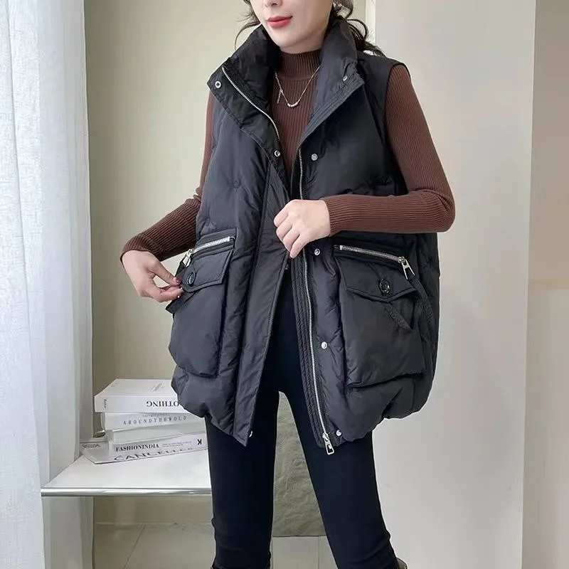 Women's Autumn Winter Down Cotton Vest Loose Fit Waistcoat Outerwear Fashionable Stylish Large Pockets Embroidery Waistcoat Vest