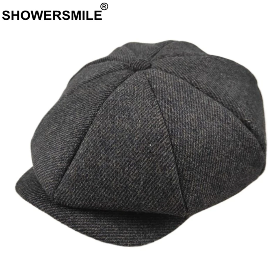 

SHOWERSMILE Coffee Wool Newsboy Cap Brand Men Striped Flat Caps Ivy Women Twill Vintage Octagonal Hats Male Winter Cabbie Caps