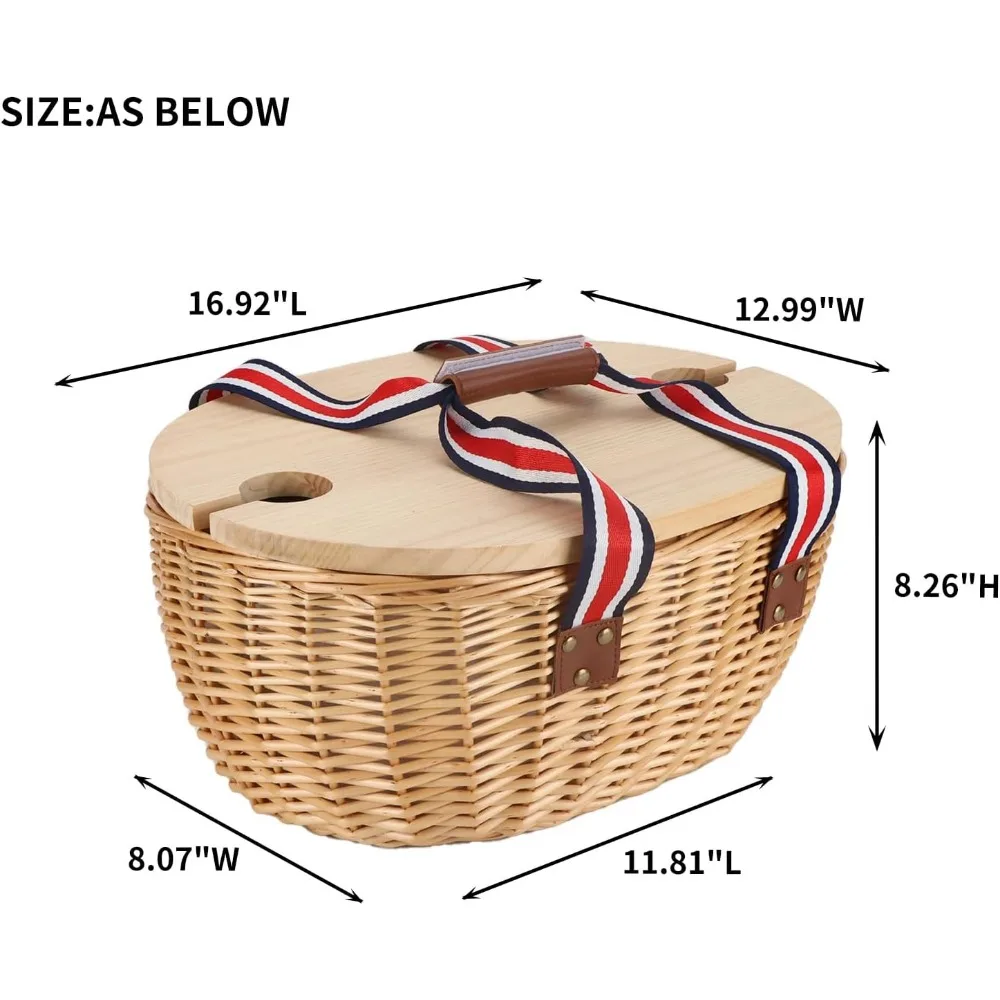 Wicker Picnic Baskets Set with Country Style Insulated Cooler Bag with Cutlery Service Kits with Wooden Lids