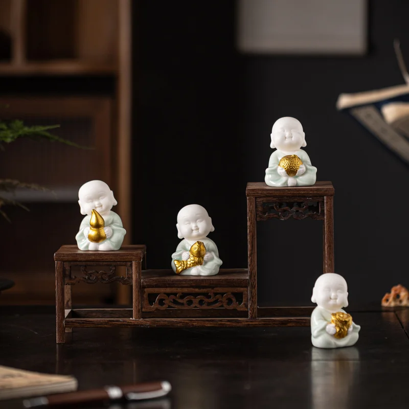 Zen-Inspired Purple Clay Four Creative Pet Ornaments, Exquisite And Cute Little Novice Monks For Tea Table Deco