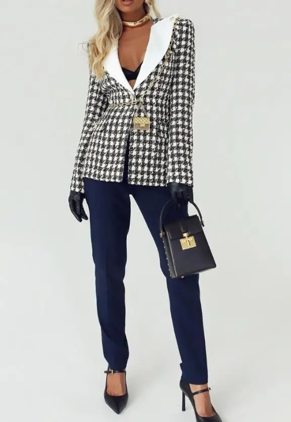 Elegant Houndstooth Print Blazer In Autumn Women Notched Collar Single Breasted Flap Detail Jacket Casual Colorblock Tweed Coat