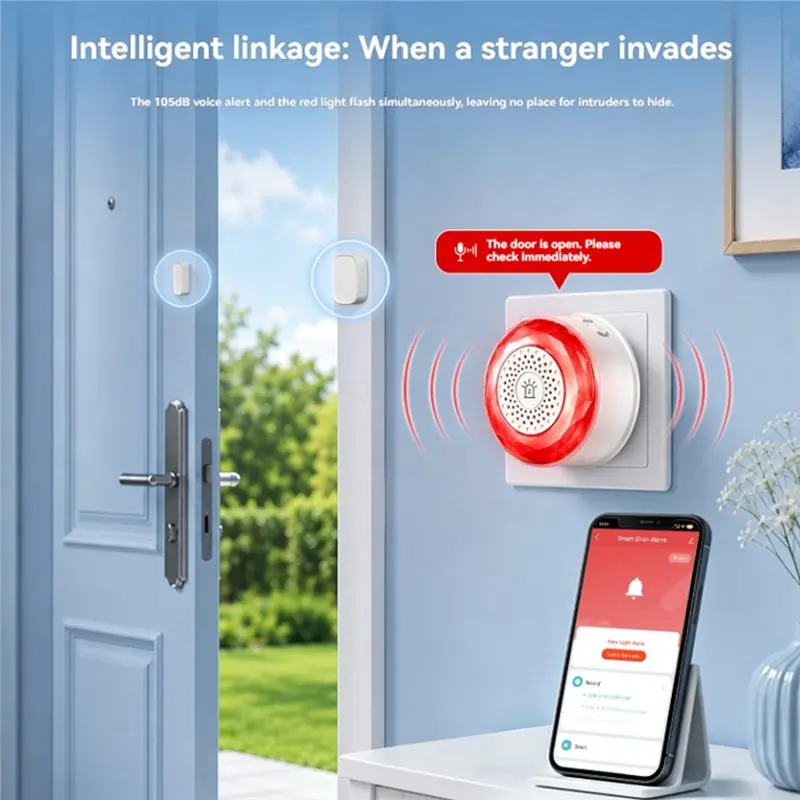 [NEW!】 App Controlled Tuya Zigbee Smart Alarm Sensor 105Db Sound And Light, 32 Voice Prompts For Home Security EU Plug