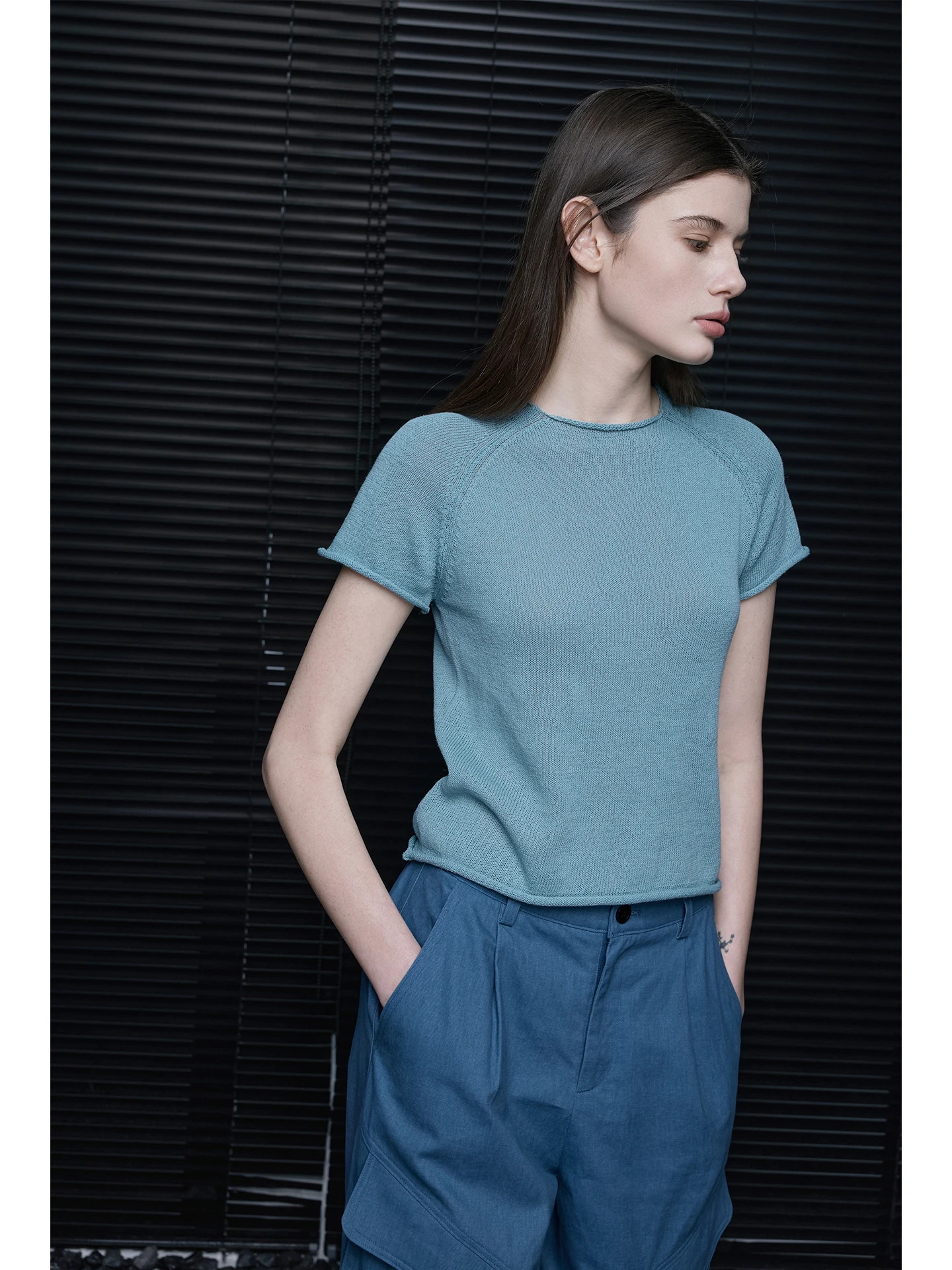 

Unique Knitted Short Sleeve T-Shirt Women's Spring Summer New Roll Loose High Quality Fashionable Cotton Linen Blend Top