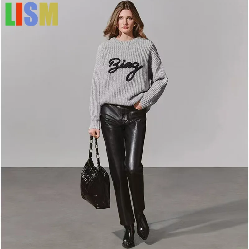 LISM women's winter clothes y2k hoodies sweatshirt 2025 Letter Wool Crew Neck Knitted Sweater Alpaca Wool Women's Sweater