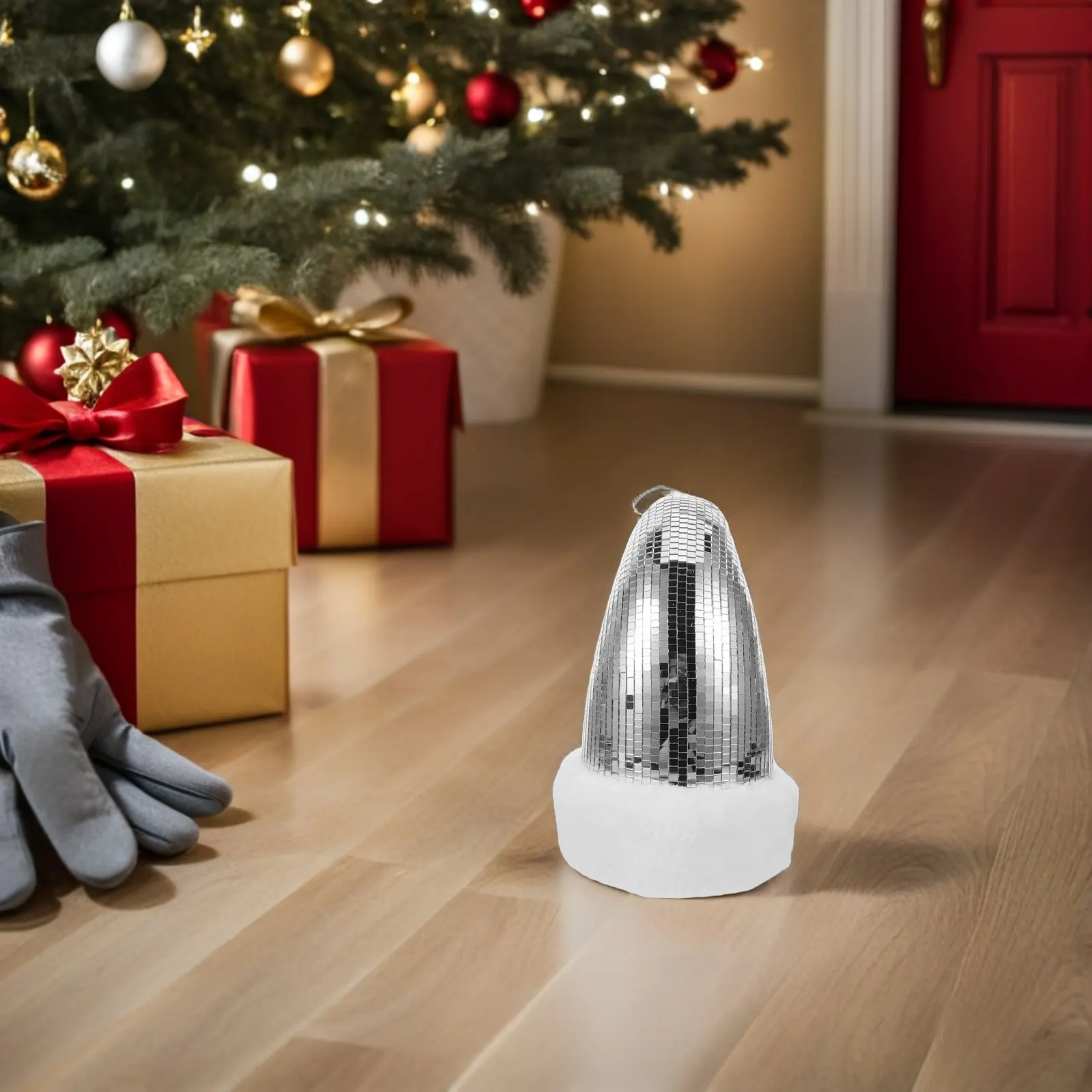 Santa Hat Christmas Ornament Reflective Metallic Shiny Cap Hanging Christmas Tree Decor Disco Ball Retro Stocking Stuffer