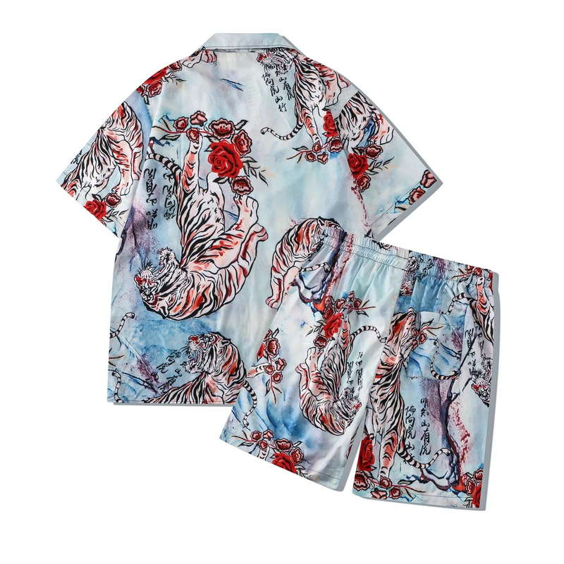 Roal Tiger Red Rose Flower Print Short Set Men Women Hawaii Beach Holiday Travel Surf Suit