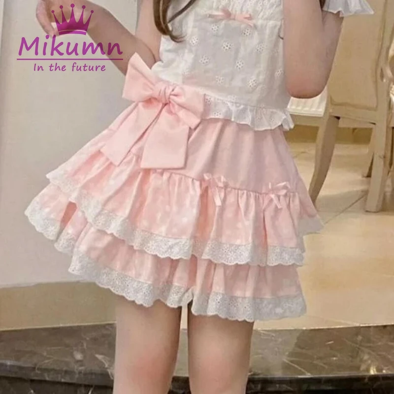 Mikumn-minifalda estilo Lolita Harajuku para mujer, Falda corta con estampado de lunares, lazo dulce y volantes, estilo Kawaii japonés Y2k