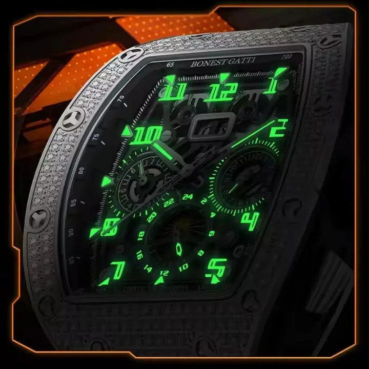 Full Inlay Diamond Automatic High Quality Steel Moon Watches Men Sapphire Rubber Tonneau